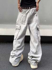 Manfinity Roghcode 男式翻盖口袋和侧面板设计工装牛仔裤（不含腰带） - 灰色 - 查看 2