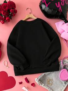 SHEIN LUNE Valentine's Day Pink Heart And Leopard Print Plus Size Loose Sweatshirt For Women - Black - View 2