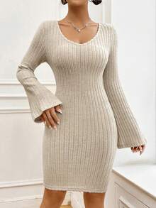 SHEIN Unity Deep V-Neck Bell Sleeve Dress - Apricot - View 4