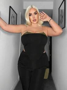 SHEIN SXY 大码女式拼色不对称下摆抹胸上衣 - 黑色 - 查看 5