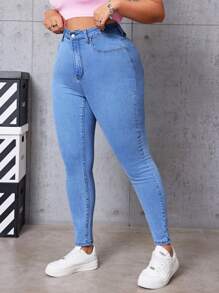 CovetEZ Plus Size Solid Color Skinny Jeans - Medium Wash - View 1