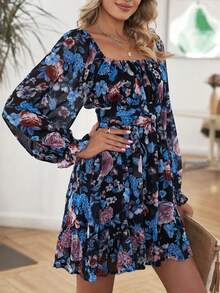 Boho In hoa Cổ vuông Ruffled Xếp li Tay áo dài Đầm - Nhiều màu - Xem 3