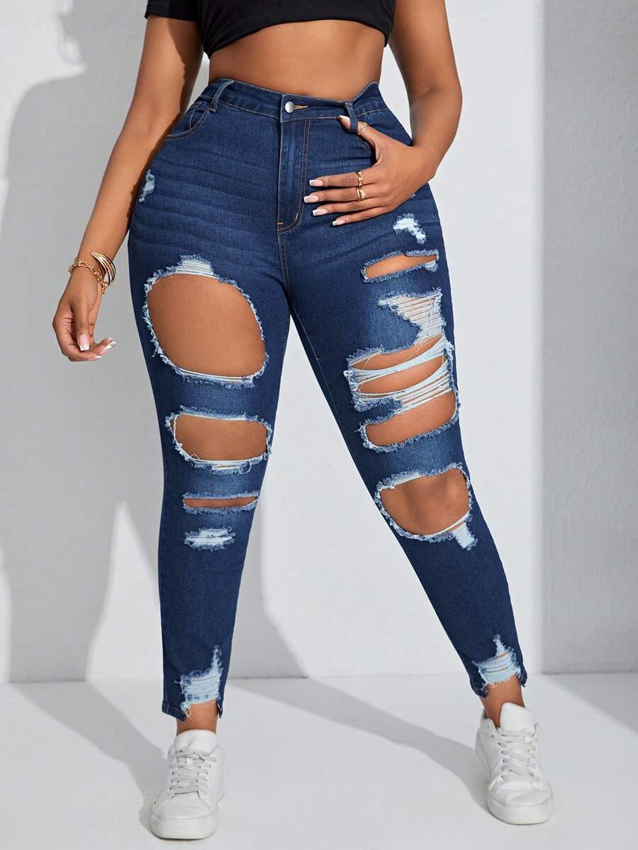 SHEIN SXY Kích thước lớn Thon gọn Quần jean Distressed - Rửa tối - Xem 1