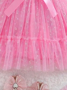 新款女孩無袖v領蕾絲公主裙,束腰帶設計 - 粉色 - 查看 5