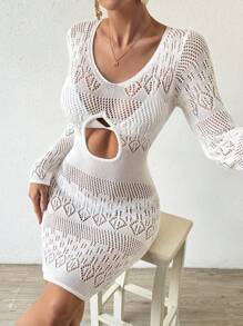 SHEIN Holidaya Quý cô Xu hướng: Cắt giảm Áo len dệt kim Đầm - trắng - Xem 6