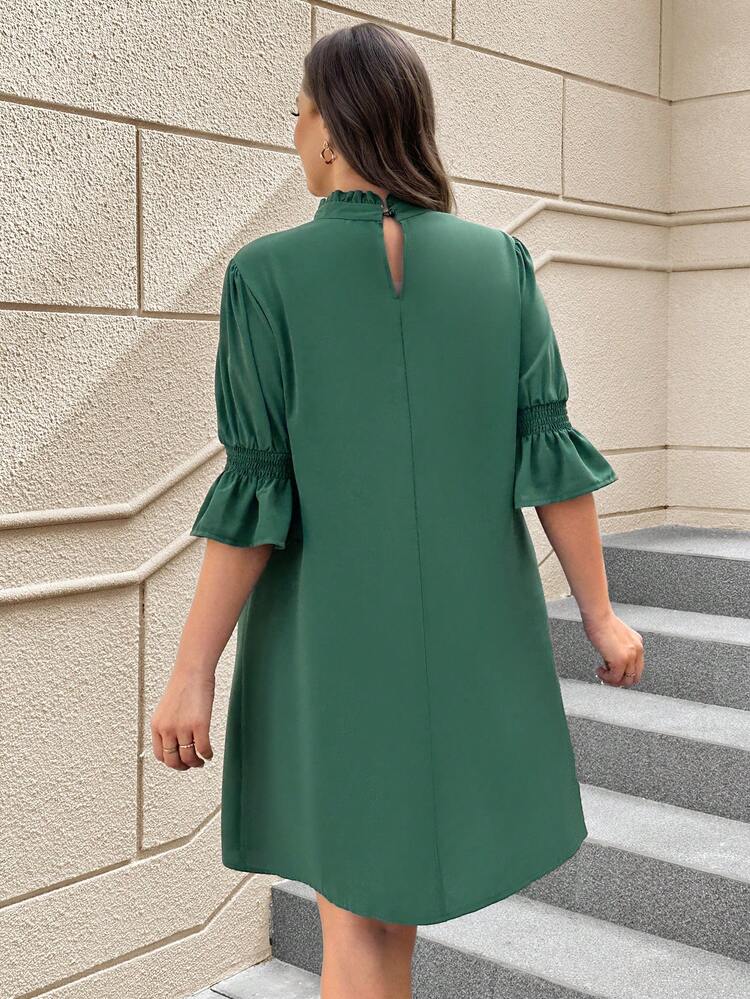 Plus Size Solid Color Stand Collar Casual Green Dress For St.Patrick's Day
