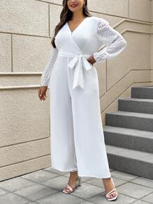 SHEIN Clasi Plus Size Jacquard Flared Sleeves Wrapped Neck Jumpsuit - White - View 3