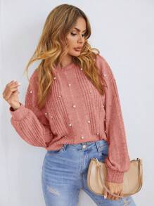 SHEIN LUNE Bead & Round Neckline Distressed Ribbed T-Shirt - Coral Pink - View 1