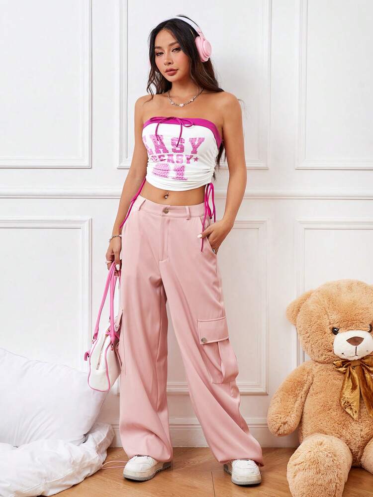Women'S Color Block Letter Print Rhinestone Decor Strapless Top With Side Drawstring