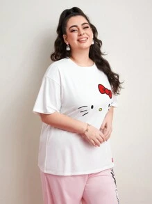 HELLO KITTY AND FRIENDS | SHEIN Camiseta De Manga Corta Con Estampado De Caricaturas Plus - Blanco - Ver 3