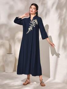Al Najma Floral Embroidery Asymmetrical Hem Arabian Dress With Flounce Sleeves - Navy Blue - View 4