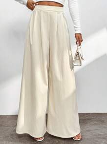 SHEIN Privé 純色寬腳褲 - 杏色 - 查看 5