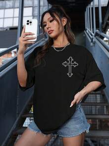 SHEIN EZwear Của phụ nữ Lỏng lẻo phù hợp Áo thun Với Vượt qua In Trở lại - màu đen - Xem 2