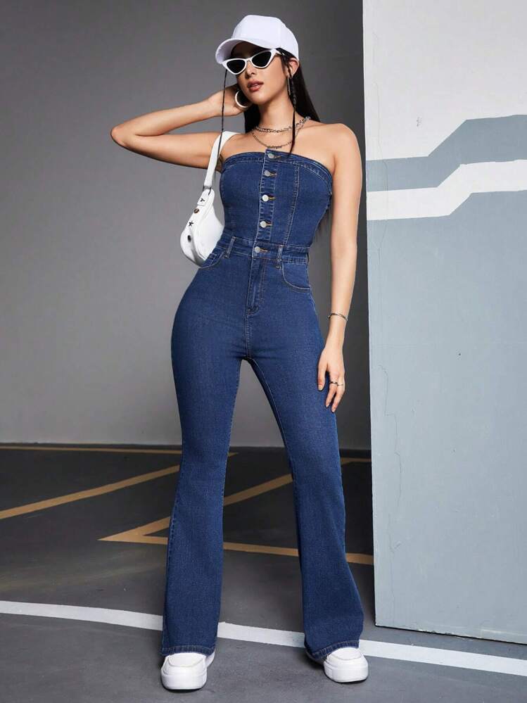 SHEIN EZwear Mono De Mezclilla Sin Tirantes De Ajuste Slim Para Mujer - Azul lavado oscuro - Añade 5