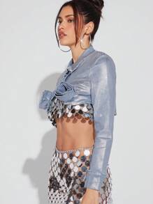 Women's Shortened Denim Jacket With 3d Flower Decorations - Light Wash - View 5