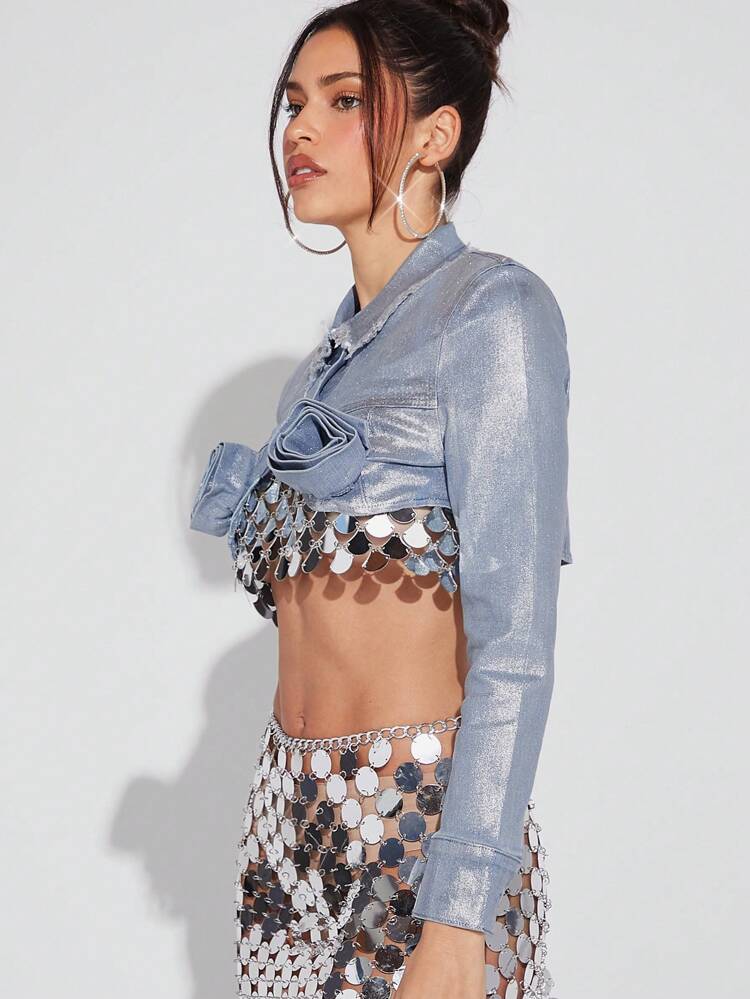 Women's Shortened Denim Jacket With 3d Flower Decorations