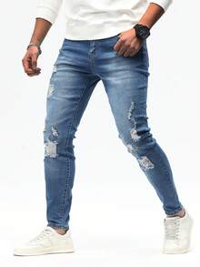 Manfinity Homme Men's Slim Fit Ripped Jeans - Medium Wash - View 6