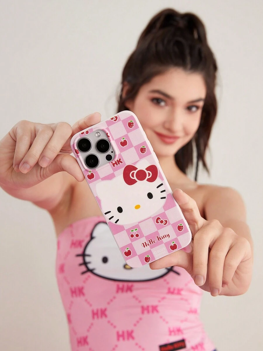 HELLO KITTY AND FRIENDS | SHEIN Pink Plaid Pattern Mobile Phone Case, Compatible With IPhone - Pink - View 1