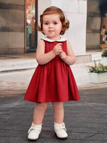 TaviRue 女婴休闲风格彼得潘领拼色腰部抽绳褶皱连衣裙