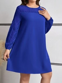 SHEIN LUNE 大尺碼提花拼接燈籠袖連身裙 - 寶藍色 - 查看 5