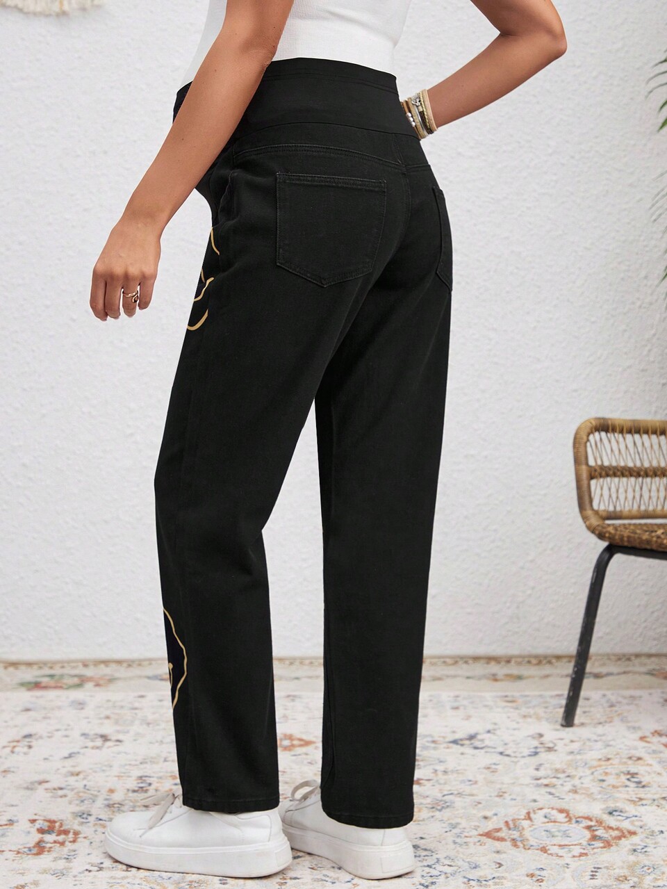 Pregnant Women's Adjustable Waist Emoticon Print Denim Jeans For Maternity