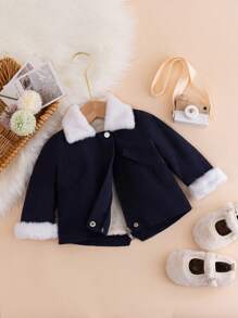 Baby Girl Color Block Plush Lapel Collar Long Sleeve Jacket - Navy Blue - View 1