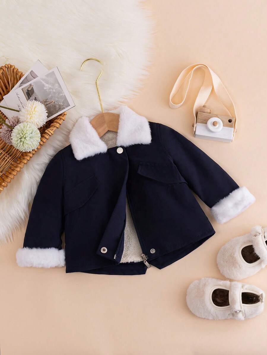 Baby Girl Color Block Plush Lapel Collar Long Sleeve Jacket - Navy Blue - View 1