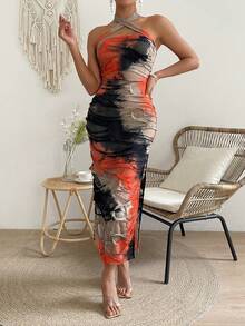 Chiquease Nhuộm buộc Halter Neck Đầm - trái cam - Xem 5