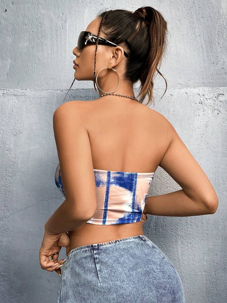 Women's Y2k Rivet Decorated Ladies'Denim Printed Bandeau Corset Top