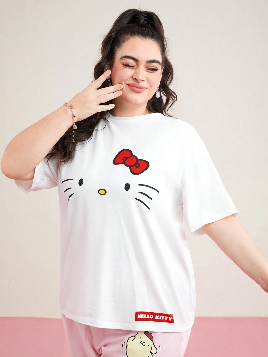 HELLO KITTY AND FRIENDS | SHEIN Camiseta De Manga Corta Con Estampado De Caricaturas Plus - Blanco - Ver 1