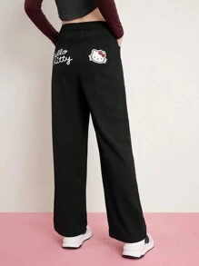 HELLO KITTY AND FRIENDS | SHEIN 女生卡通圖案斜口袋褲子 - 黑色 - 查看 1