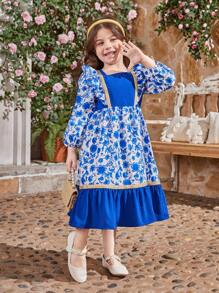 SHEIN Young Girl Floral Print Contrast Color Peter Pan Collar Ruffle Hem Long Sleeve Dress, Mommy And Me Matching Outfits (2 Pieces Sold Separately) - Blue - View 5