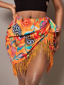Slaydiva Floral Print Fringe Trim Tie Side Wrap Skirt - Orange - View 2