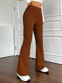 SHEIN EZwear Pantalones de mujeres unicolor amplio largo - Marrón - Ver 5