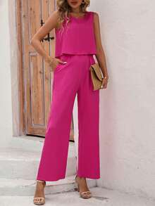 SHEIN VCAY Solid Color Casual 2pcs/Set - Hot Pink - View 5