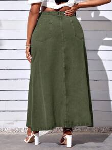 SHEIN CURVE+ Plus Size Women Military Green Fashion Denim Skirt, Non-Stretch