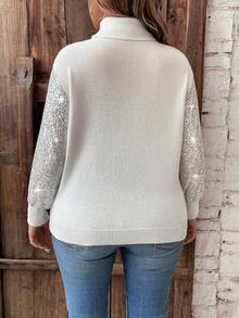 Calvaya Plus Size Women's High Neck Sparkly Long Sleeve Sweater With Patchwork Design - White - View 2
