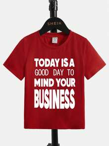 SHEIN Boys' (Little) Slogan Printed Short Sleeve T-Shirt - Red - View 1