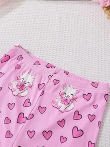 青少女淡紫色心形貓紋長袖上衣和褲子套裝,緊身睡衣套裝 - 淡紫色 - 查看 7