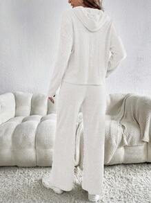 SHEIN Essnce 女士肋紋連帽上衣和褲子套裝 - 杏色 - 查看 2