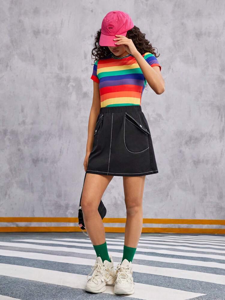 Teen Girls' Woven Solid Color Block Line Casual Skirt With Utility Pockets