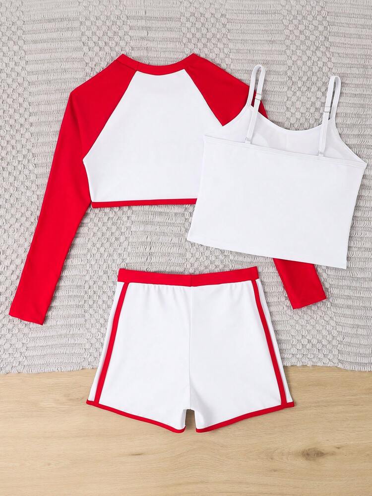 Tween Girls' Digital Printed Cami Top, Color Block Shorts, Raglan Long Sleeve Tee Tankini Set