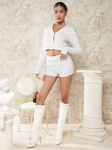 SHEIN BAE Long Sleeve Crop Top And Shorts Set - White - View 4