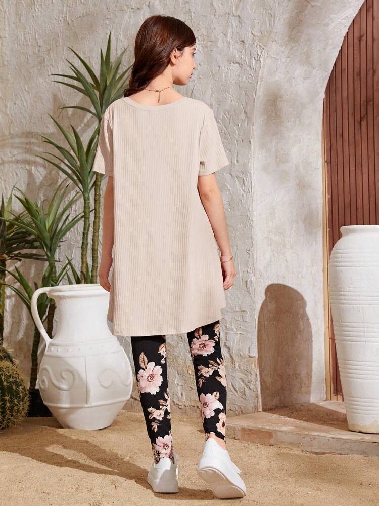 Teen Girls' Striped T-Shirt And Floral Leggings Set