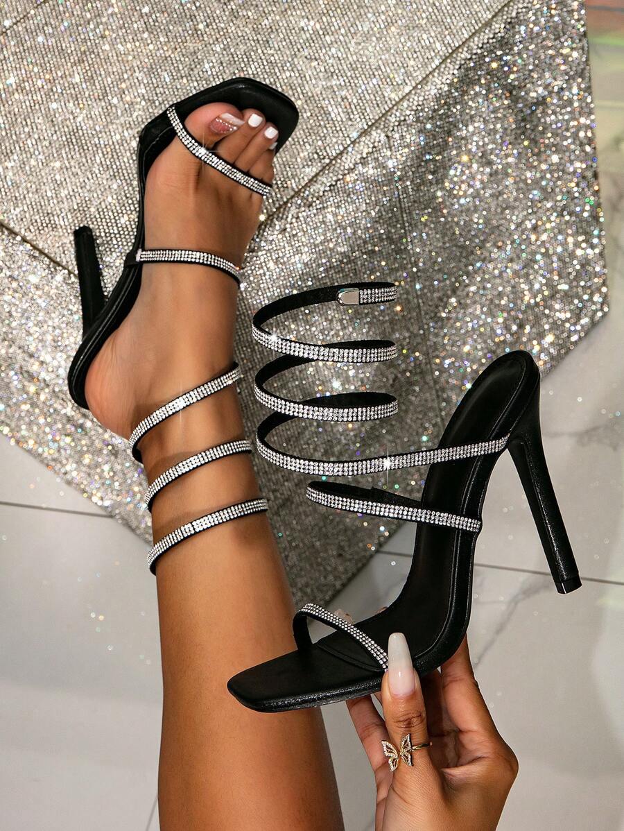 女士性感黑色水钻细跟凉鞋，系带设计，适合情人节、春夏穿搭