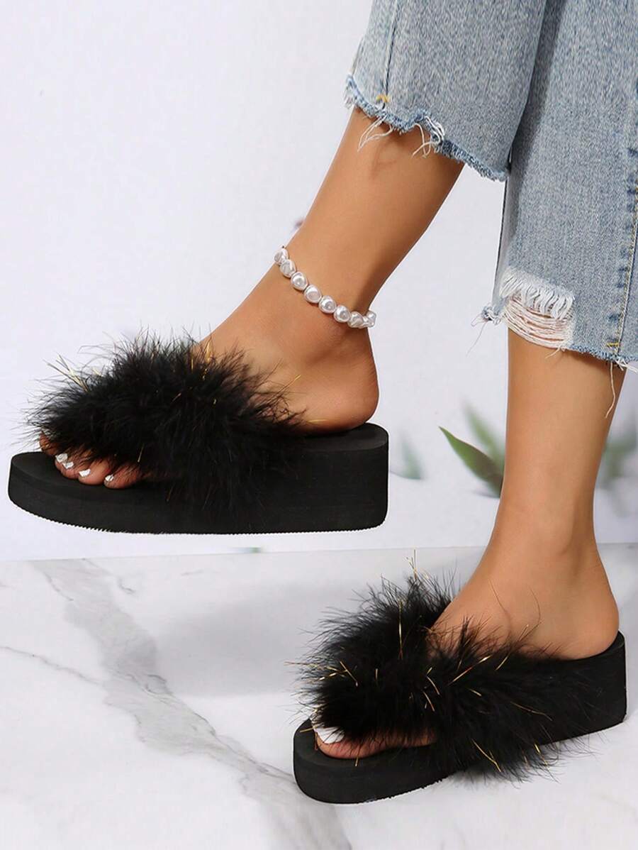 2024 Spring Summer Slippers With Feathers Women'S Outdoor Fluffy Flip Flops For Beach Vacation - Black - View 1