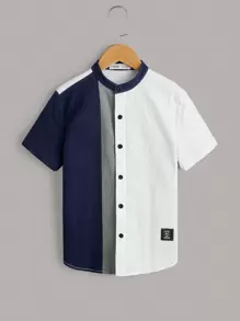 SHEIN 適合青少年男孩穿著的舒適色塊休閒襯衫 - 藏蓝色 - 查看 1
