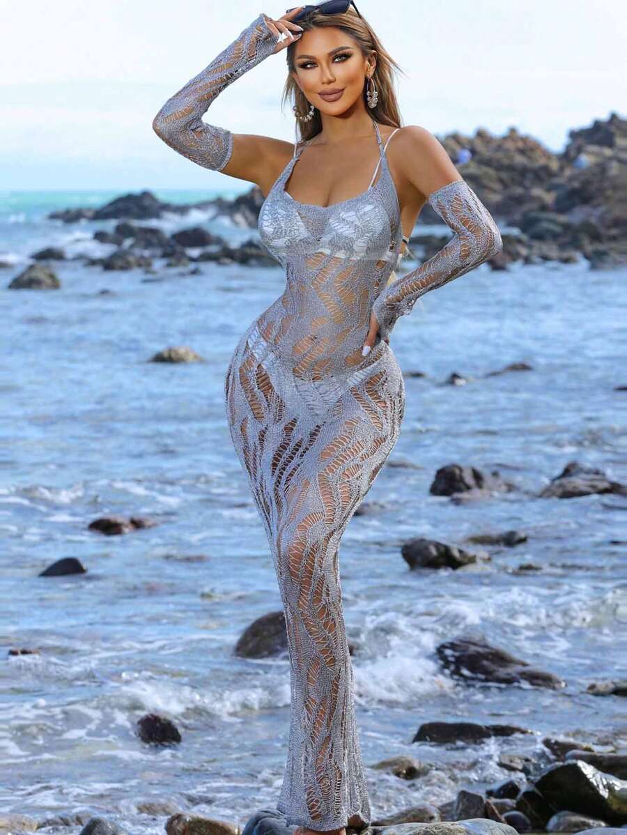 SHEIN SXY Women's Hollow Out Halter Neck Sweater Dress - Grey - View 1