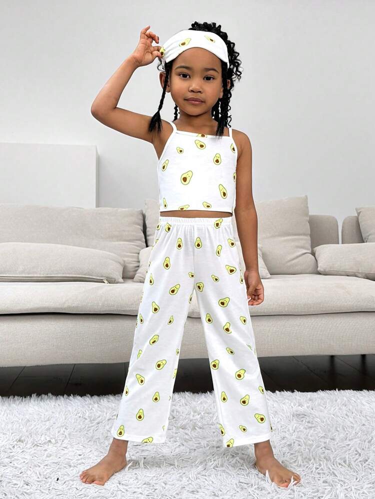 Young Girls' Knitted Cami Top And Long Pants Pajama Set With Eye Mask For Daily Wear, Leisure In Spring And Summer