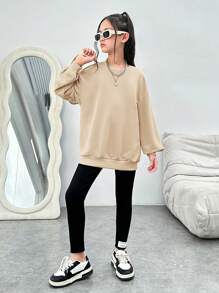 Tween女孩運動街頭風格印花表情和字母設計圓領長袖毛衣與緊身褲套裝 - 杏色 - 查看 2